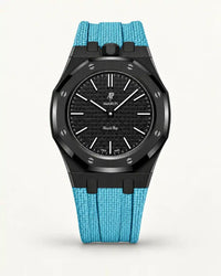 Light blue textile-effect strap for AP x Swatch Royal Pop Ocho Negro, black case (crown at 12 o'clock)