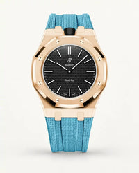 Light blue textile-effect strap for AP x Swatch Royal Pop Ocho Negro, rose gold case (crown at 12 o'clock)