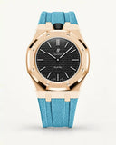 Light blue textile-effect strap for AP x Swatch Royal Pop Ocho Negro, rose gold case (crown at 12 o'clock)