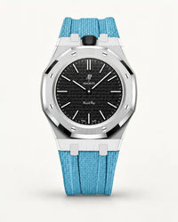 Light blue textile-effect strap for AP x Swatch Royal Pop Ocho Negro, silver case (crown at 12 o'clock)