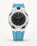 Light blue textile-effect strap for AP x Swatch Royal Pop Ocho Negro, silver case (crown at 12 o'clock)