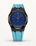 Cinturino effetto tessuto azzurro per AP x Swatch Royal Pop Orenji Hachi, cassa nera (corona a ore 12)