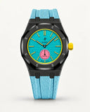 Light blue textile-effect strap for AP x Swatch Royal Pop Otg Roz, black case (crown at 3 o'clock)