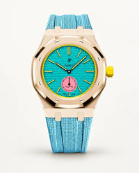 Light blue textile-effect strap for AP x Swatch Royal Pop Otg Roz, rose gold case (crown at 3 o'clock)