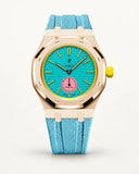 Light blue textile-effect strap for AP x Swatch Royal Pop Otg Roz, rose gold case (crown at 3 o'clock)