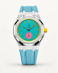Light blue textile-effect strap for AP x Swatch Royal Pop Otg Roz, silver case (crown at 3 o'clock)