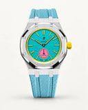 Light blue textile-effect strap for AP x Swatch Royal Pop Otg Roz, silver case (crown at 3 o'clock)