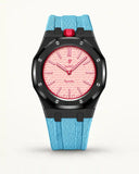 Light blue textile-effect strap for AP x Swatch Royal Pop Otto Rosso, black case (crown at 12 o'clock)