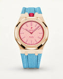 Light blue textile-effect strap for AP x Swatch Royal Pop Otto Rosso, rose gold case (crown at 12 o'clock)