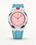 Light blue textile-effect strap for AP x Swatch Royal Pop Otto Rosso, silver case (crown at 12 o'clock)
