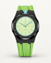 Mint green textile-effect strap for AP x Swatch Royal Pop Blaue Acht, black case (crown at 12 o'clock)