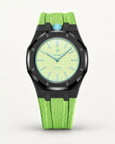 Mint green textile-effect strap for AP x Swatch Royal Pop Blaue Acht, black case (crown at 12 o'clock)
