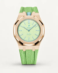 Mint green textile-effect strap for AP x Swatch Royal Pop Blaue Acht, rose gold case (crown at 12 o'clock)
