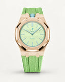 Mint green textile-effect strap for AP x Swatch Royal Pop Blaue Acht, rose gold case (crown at 12 o'clock)