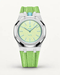 Mint green textile-effect strap for AP x Swatch Royal Pop Blaue Acht, silver case (crown at 12 o'clock)