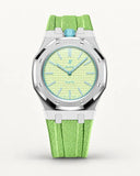 Mint green textile-effect strap for AP x Swatch Royal Pop Blaue Acht, silver case (crown at 12 o'clock)