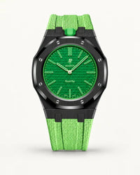 Mint green textile-effect strap for AP x Swatch Royal Pop Green Eight, black case (crown at 12 o'clock)