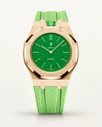 Mint green textile-effect strap for AP x Swatch Royal Pop Green Eight, rose gold case (crown at 12 o'clock)