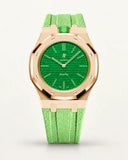 Mint green textile-effect strap for AP x Swatch Royal Pop Green Eight, rose gold case (crown at 12 o'clock)