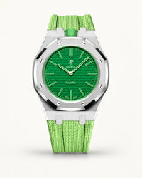 Mint green textile-effect strap for AP x Swatch Royal Pop Green Eight, silver case (crown at 12 o'clock)