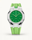Mint green textile-effect strap for AP x Swatch Royal Pop Green Eight, silver case (crown at 12 o'clock)