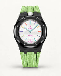 Cinturino effetto tessuto verde menta per AP x Swatch Royal Pop Huit Blanc, cassa nera (corona a ore 12)