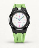 Cinturino effetto tessuto verde menta per AP x Swatch Royal Pop Huit Blanc, cassa nera (corona a ore 12)