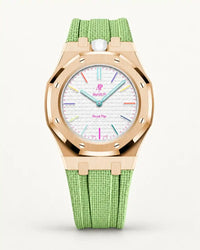 Cinturino effetto tessuto verde menta per AP x Swatch Royal Pop Huit Blanc, cassa oro rosa (corona a ore 12)