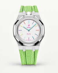 Cinturino effetto tessuto verde menta per AP x Swatch Royal Pop Huit Blanc, cassa argento (corona a ore 12)