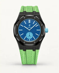 Mint green textile-effect strap for AP x Swatch Royal Pop Làn Ba, black case (crown at 3 o'clock)