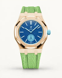 Mint green textile-effect strap for AP x Swatch Royal Pop Làn Ba, rose gold case (crown at 3 o'clock)