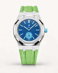 Mint green textile-effect strap for AP x Swatch Royal Pop Làn Ba, silver case (crown at 3 o'clock)