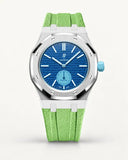 Mint green textile-effect strap for AP x Swatch Royal Pop Làn Ba, silver case (crown at 3 o'clock)