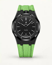 Mint green textile-effect strap for AP x Swatch Royal Pop Ocho Negro, black case (crown at 12 o'clock)