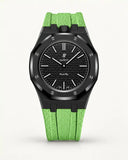 Mint green textile-effect strap for AP x Swatch Royal Pop Ocho Negro, black case (crown at 12 o'clock)