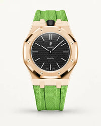 Mint green textile-effect strap for AP x Swatch Royal Pop Ocho Negro, rose gold case (crown at 12 o'clock)