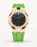 Mint green textile-effect strap for AP x Swatch Royal Pop Ocho Negro, rose gold case (crown at 12 o'clock)