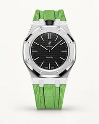 Mint green textile-effect strap for AP x Swatch Royal Pop Ocho Negro, silver case (crown at 12 o'clock)