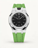 Mint green textile-effect strap for AP x Swatch Royal Pop Ocho Negro, silver case (crown at 12 o'clock)