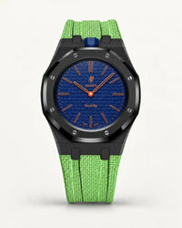 Cinturino effetto tessuto verde menta per AP x Swatch Royal Pop Orenji Hachi, cassa nera (corona a ore 12)