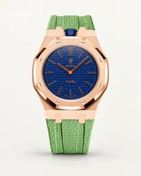 Cinturino effetto tessuto verde menta per AP x Swatch Royal Pop Orenji Hachi, cassa oro rosa (corona a ore 12)