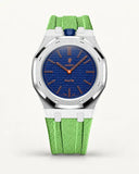 Cinturino effetto tessuto verde menta per AP x Swatch Royal Pop Orenji Hachi, cassa argento (corona a ore 12)