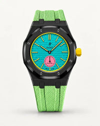Mint green textile-effect strap for AP x Swatch Royal Pop Otg Roz, black case (crown at 3 o'clock)