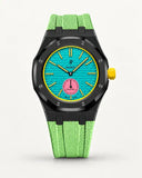 Mint green textile-effect strap for AP x Swatch Royal Pop Otg Roz, black case (crown at 3 o'clock)