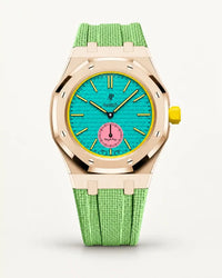 Mint green textile-effect strap for AP x Swatch Royal Pop Otg Roz, rose gold case (crown at 3 o'clock)