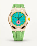 Mint green textile-effect strap for AP x Swatch Royal Pop Otg Roz, rose gold case (crown at 3 o'clock)