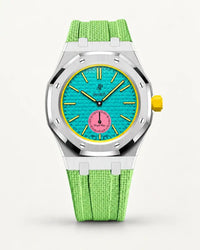 Mint green textile-effect strap for AP x Swatch Royal Pop Otg Roz, silver case (crown at 3 o'clock)
