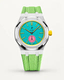 Mint green textile-effect strap for AP x Swatch Royal Pop Otg Roz, silver case (crown at 3 o'clock)