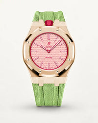 Mint green textile-effect strap for AP x Swatch Royal Pop Otto Rosso, rose gold case (crown at 12 o'clock)