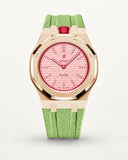 Mint green textile-effect strap for AP x Swatch Royal Pop Otto Rosso, rose gold case (crown at 12 o'clock)